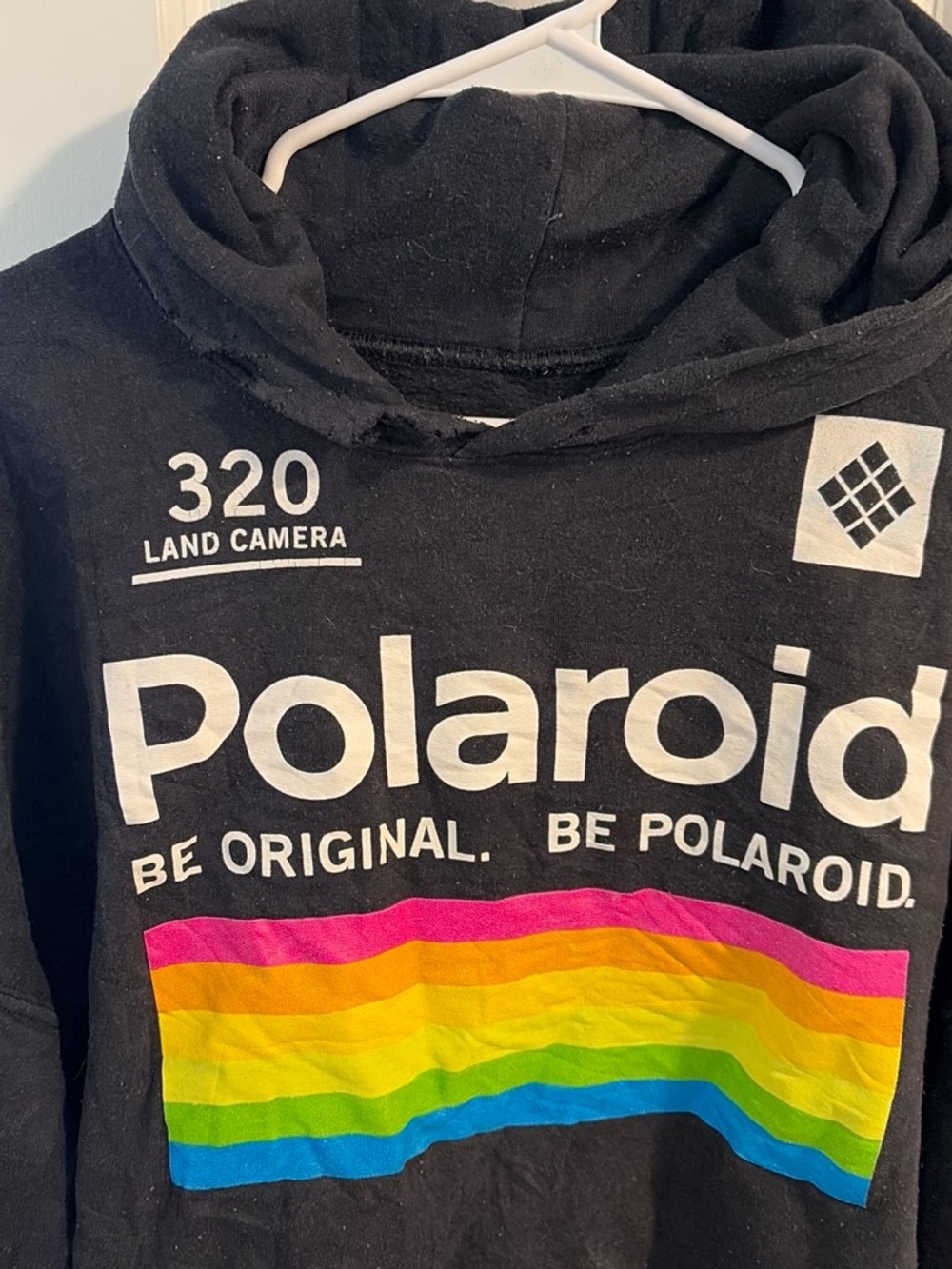 Polaroid Black Hoodie with Rainbow Stripe Graphic